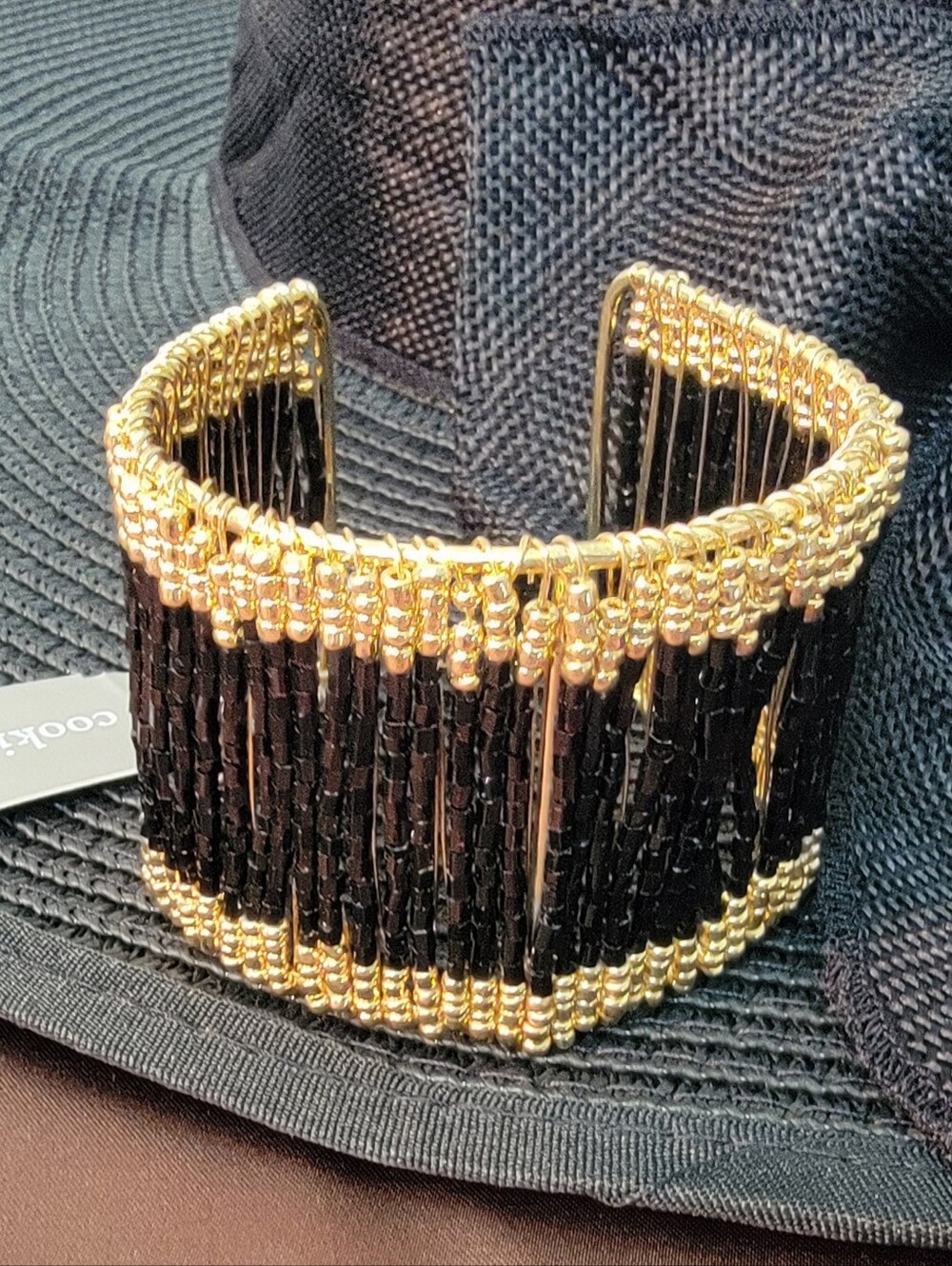Cookie Lee Black and Gold Beaded Cuff Bracelet